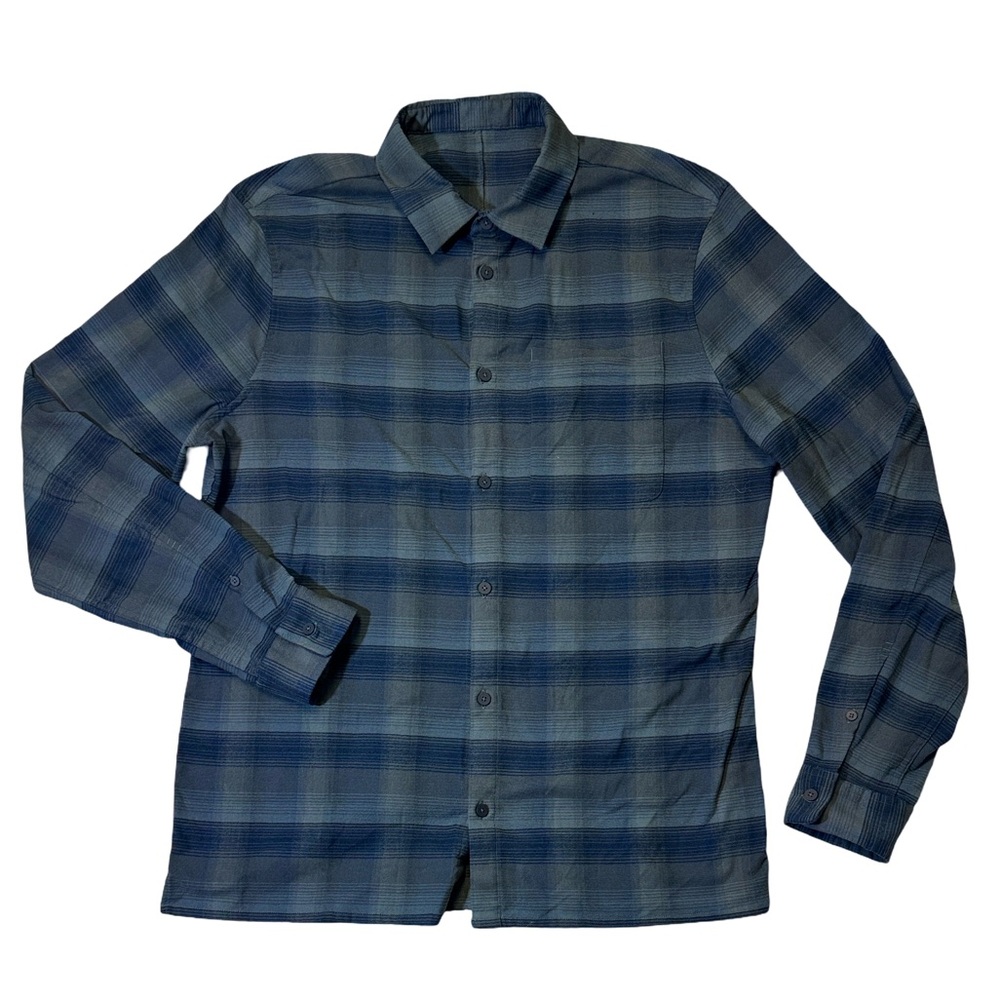 Lululemon mens XL blue plaid polyester flannel button up casual shirt EUC